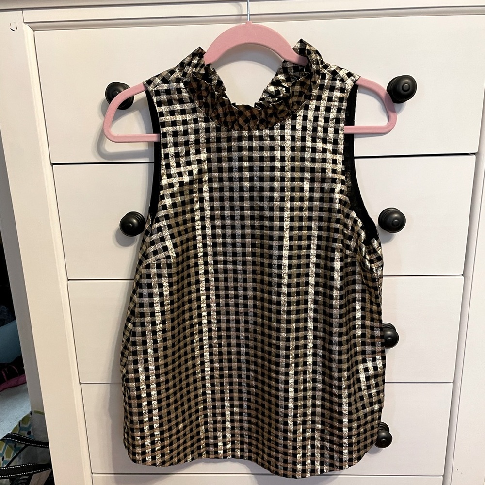 J Crew Black and Gold Ruffled Neck Gingham Sleeveless Top